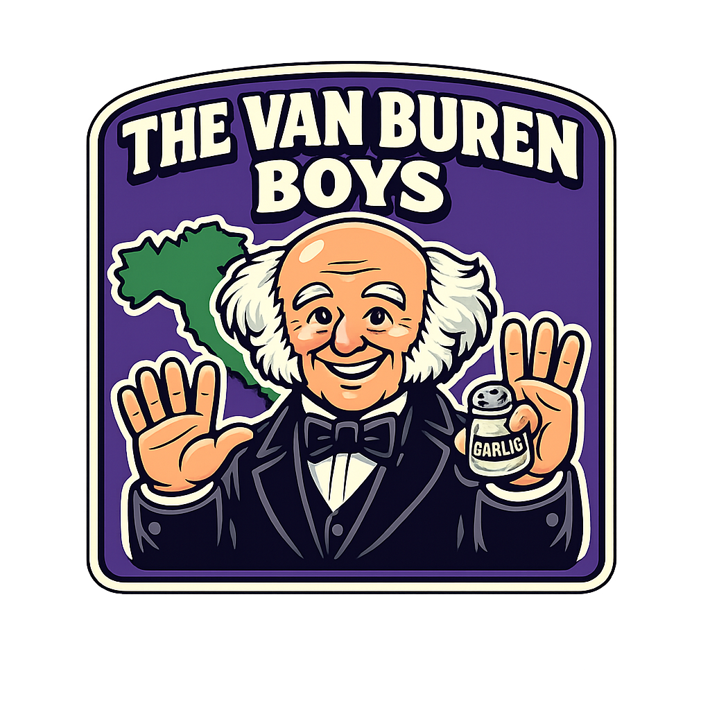 Cartoon Martin Van Buren showing 8 fingers with a garlic shaker, purple background, and map of Italy – The Van Buren Boys design by Genius Mangoes.