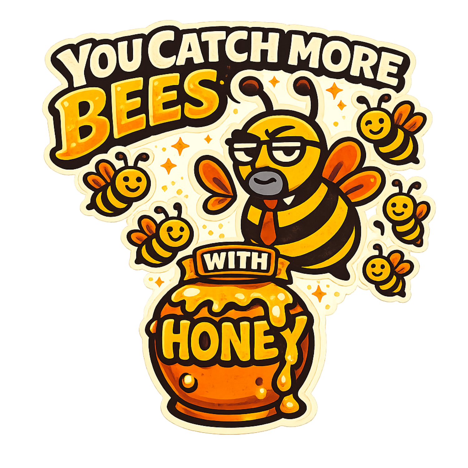 Cartoon bee in glasses and tie with smiling bees and a honey pot – “You Catch More Bees with Honey” design by Genius Mangoes.