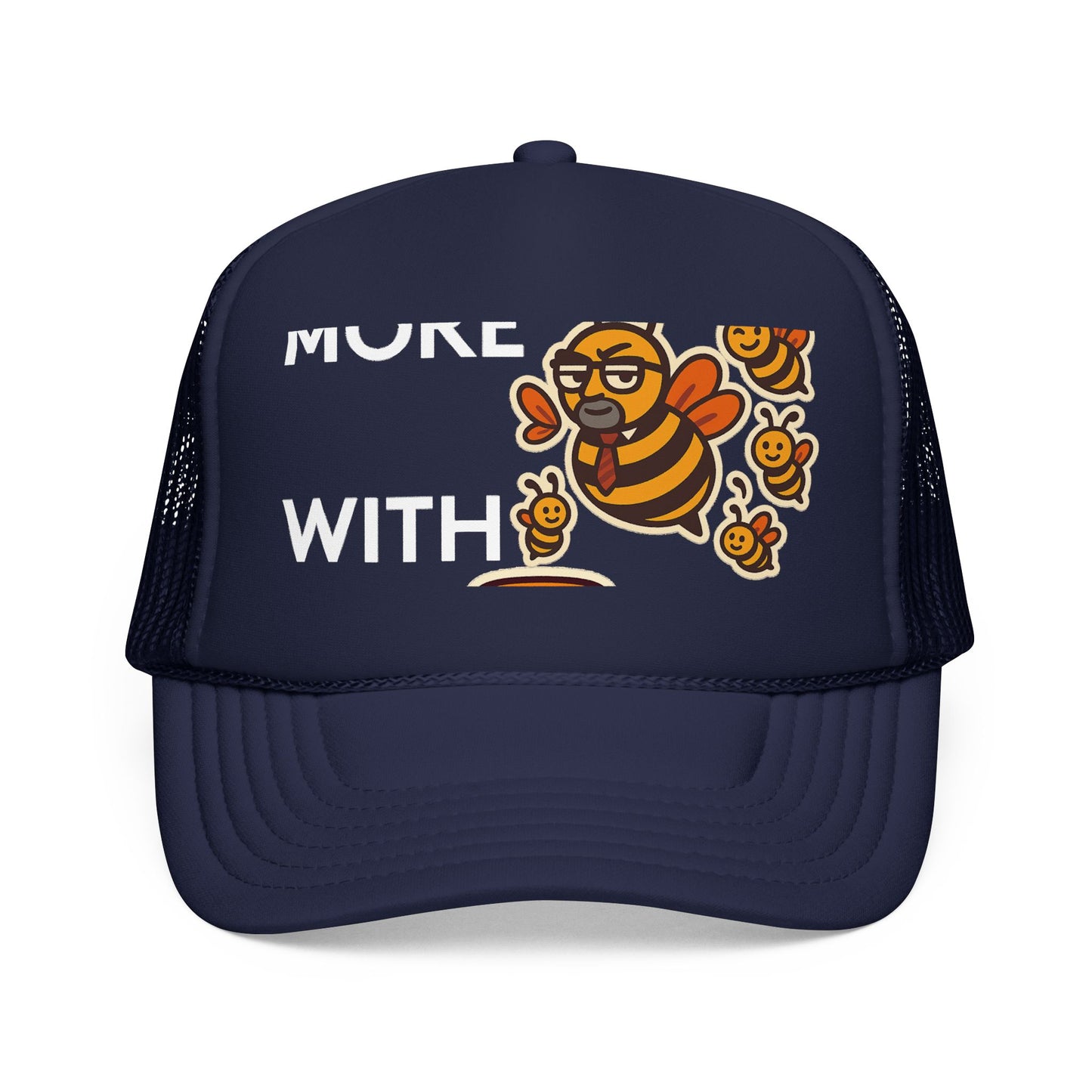 You Catch More Bees with Honey Foam Trucker Hat in Dark Navy | Genius Mangoes