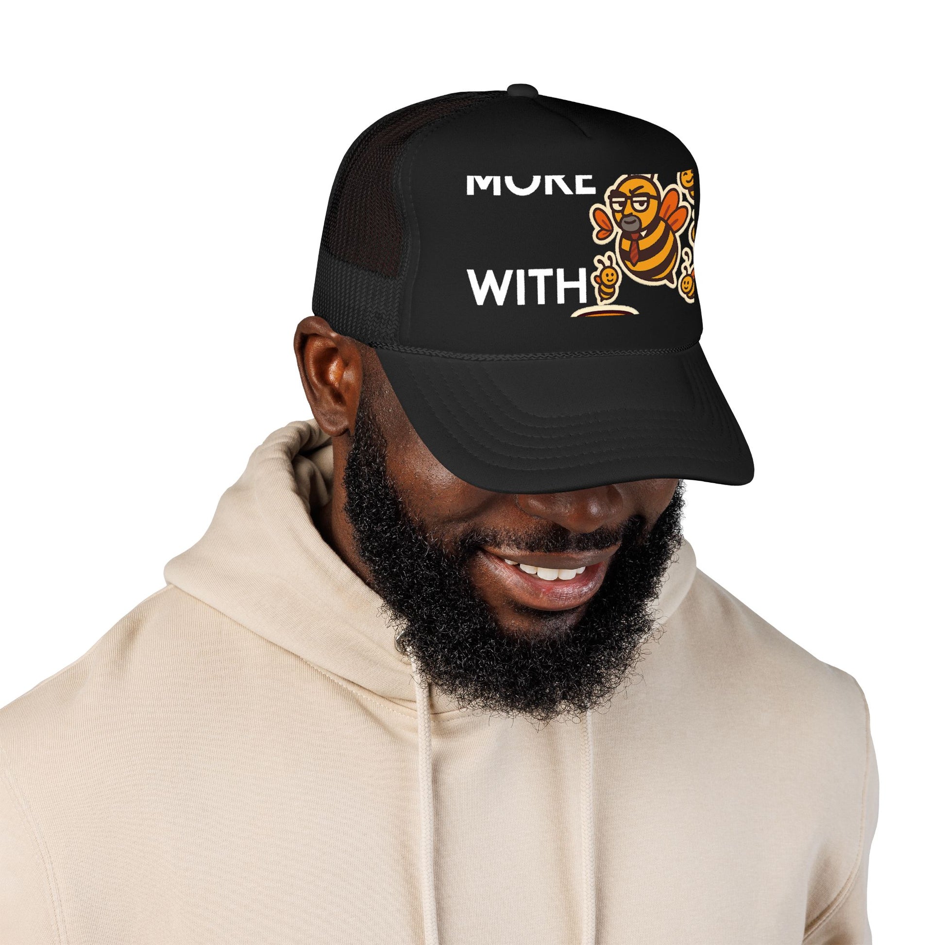You Catch More Bees with Honey Foam Trucker Hat - lifestyle view | Genius Mangoes