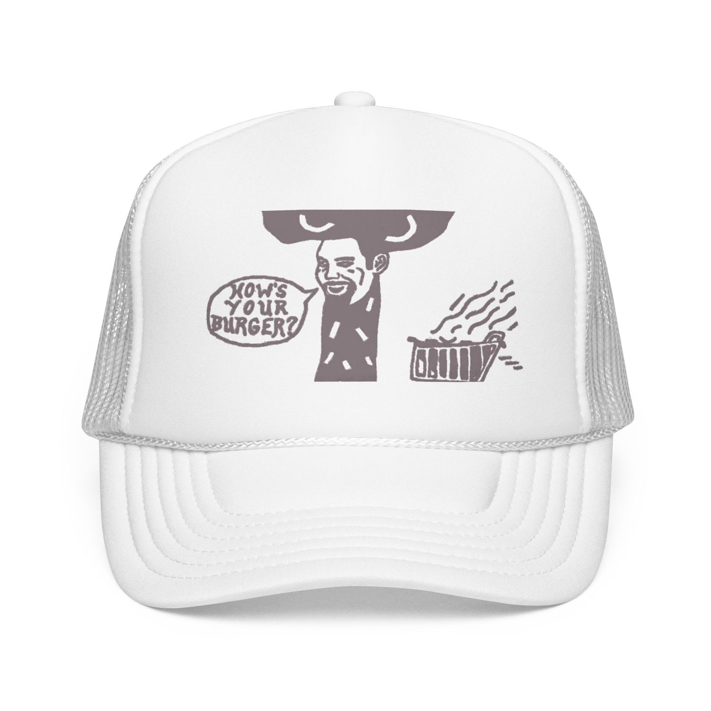 Barkopalooza How's Your Burger Foam Trucker Hat in White | Genius Mangoes