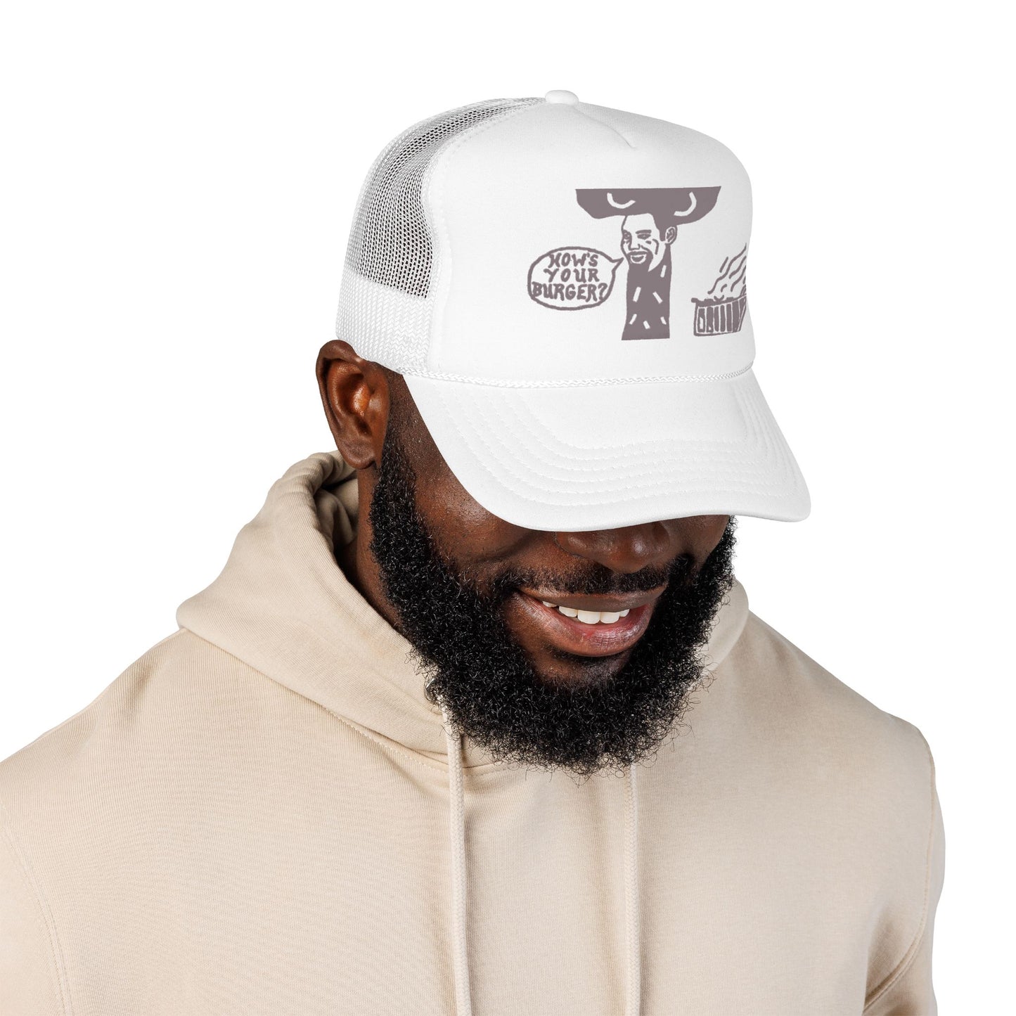 Barkopalooza How's Your Burger Foam Trucker Hat - lifestyle view | Genius Mangoes