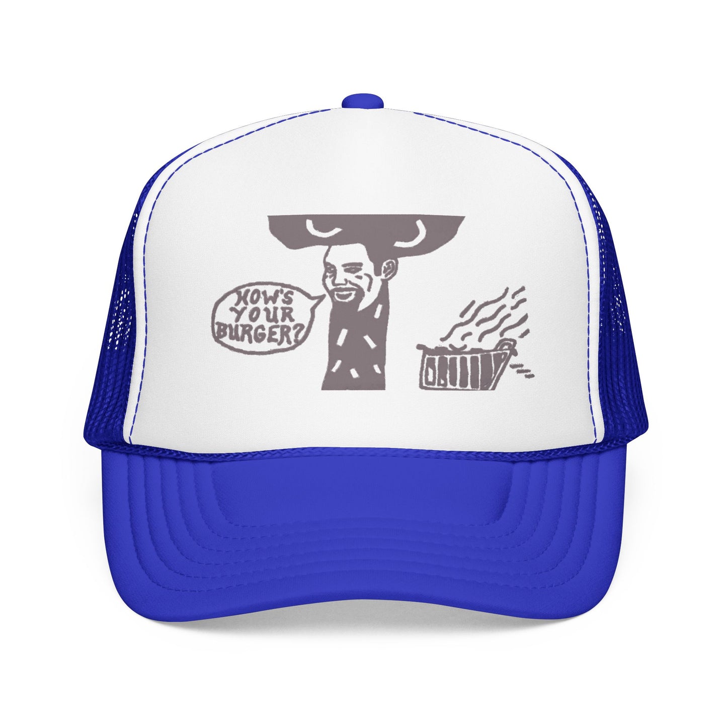 Barkopalooza How's Your Burger Foam Trucker Hat in Royal / White / Royal | Genius Mangoes