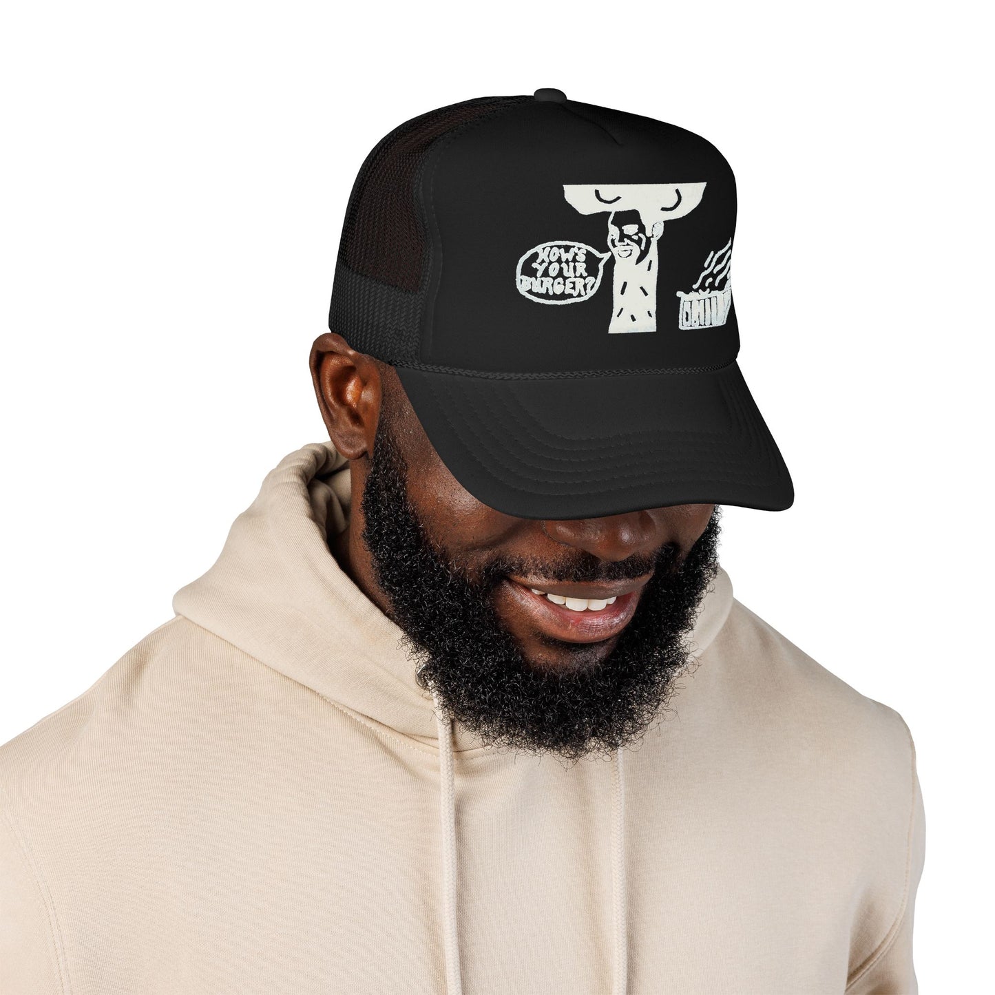 Barkopalooza How's Your Burger Foam Trucker Hat - lifestyle view | Genius Mangoes