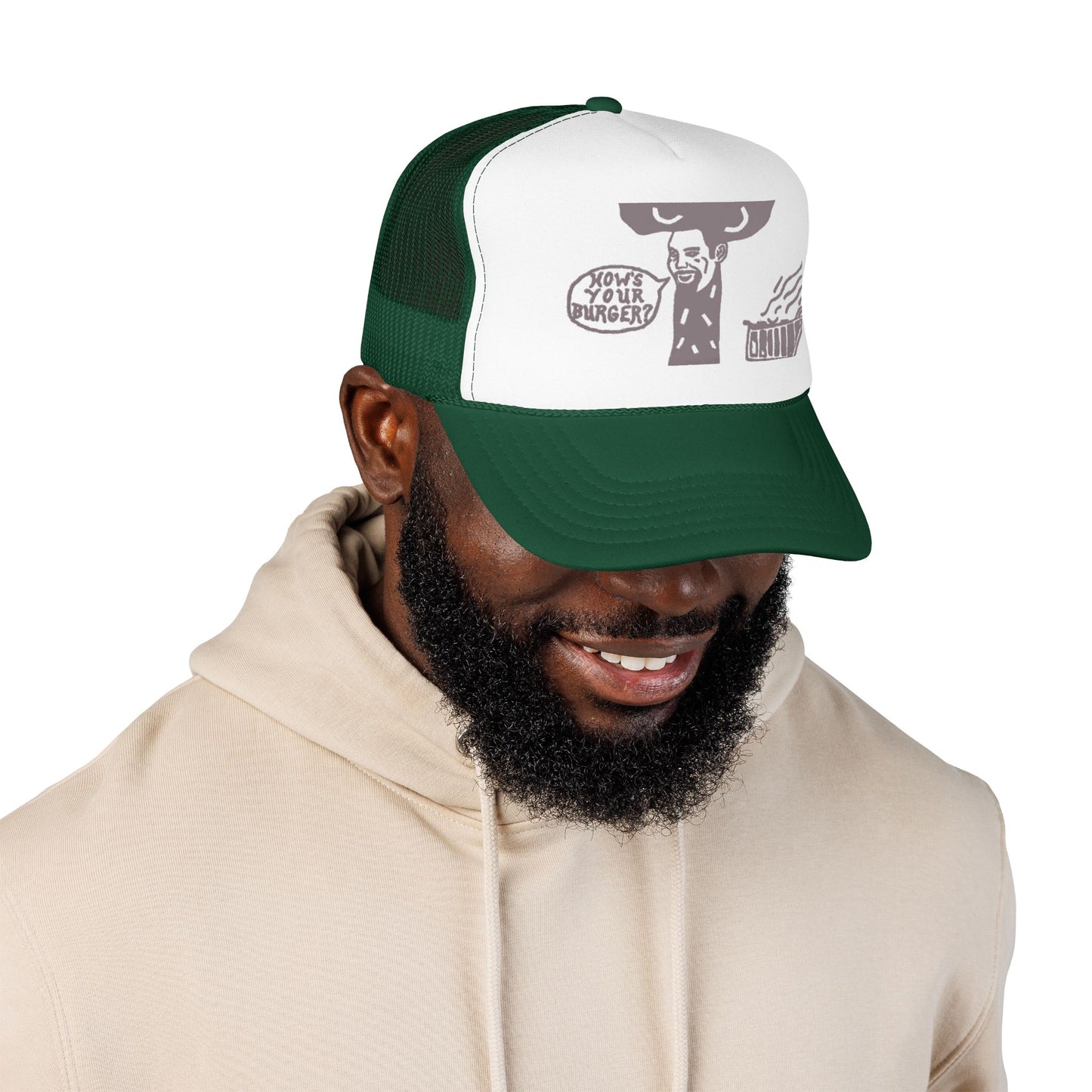 Barkopalooza How's Your Burger Foam Trucker Hat - lifestyle view | Genius Mangoes